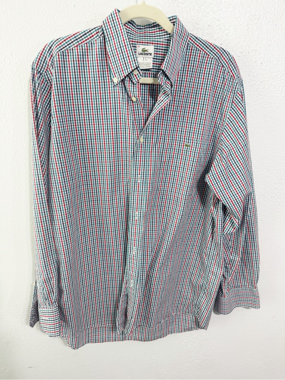 Lacoste Men's Red, Green & White Check Cotton Button-Down Shirt size 42